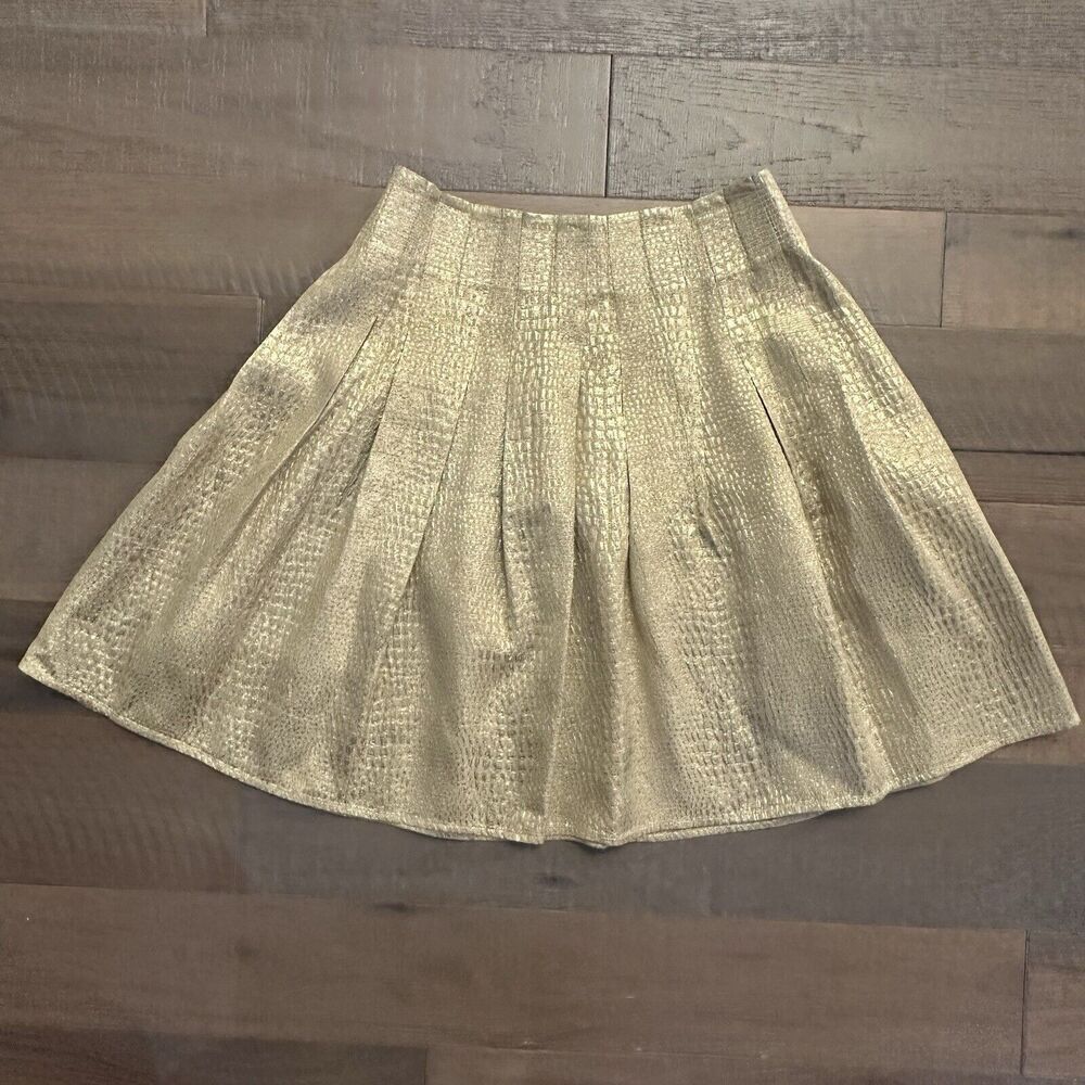 Bebe Aline Miniskirt Sz2 Metallic Gold Thick Pleats Gathers Y2K Club Concert